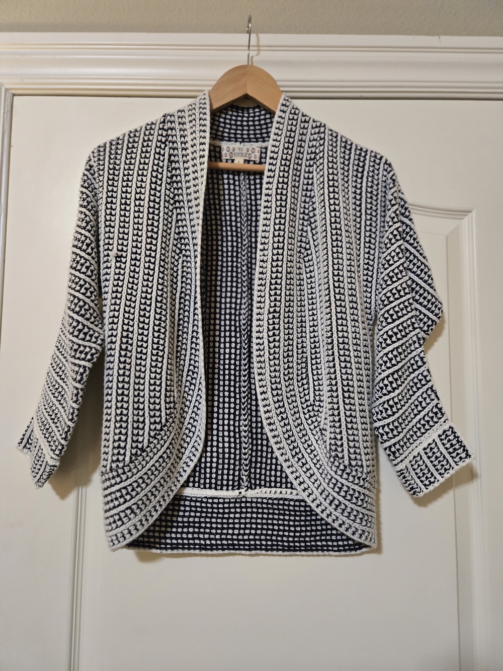 Pink Republic Black and White Open-Front Knit Blazer